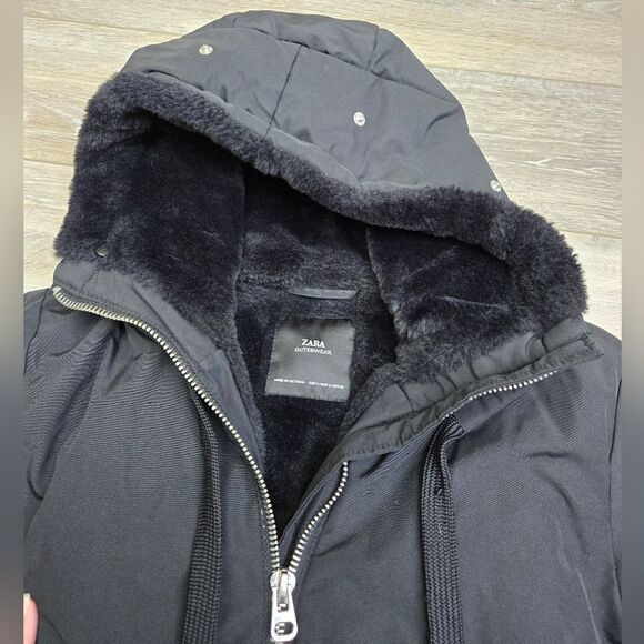 Zara hooded black winter long warm jacket size women's small - Picture 4 of 11